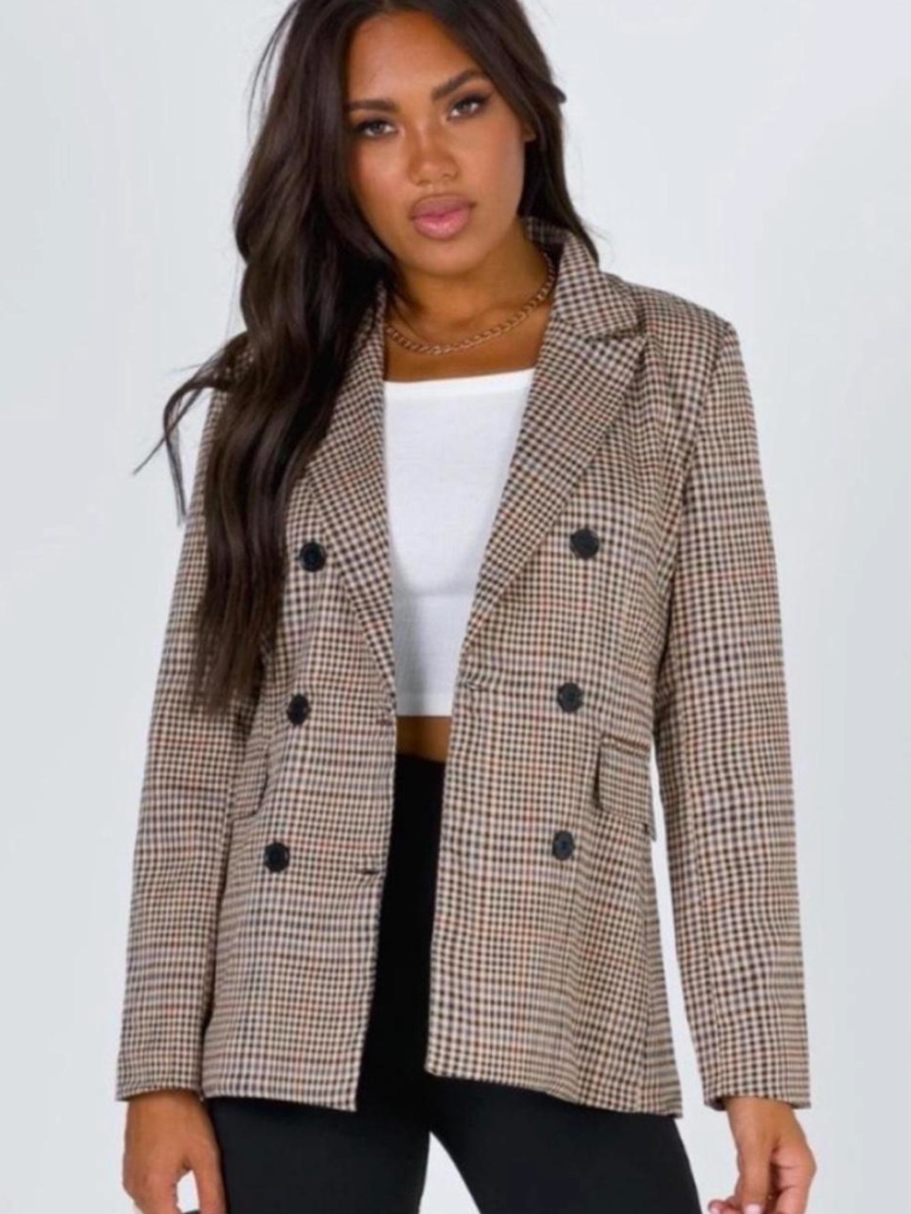 Princess Polly Houndstooth Double-Breasted Blazer - Brown & Black